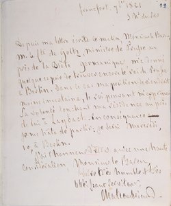 Brief mit Unterschrift des Autors, geschrieben in Frankfurt auf dem Weg zu Chateaubriands neuem Posten als bevollmächtigter Minister in Berlin, 7. Januar 1821